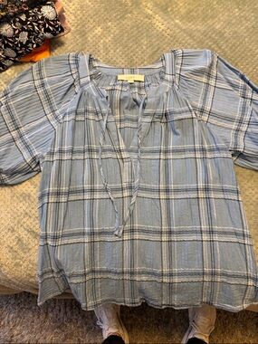 LOFT Light Blue Plaid Tie-Neck Tunic